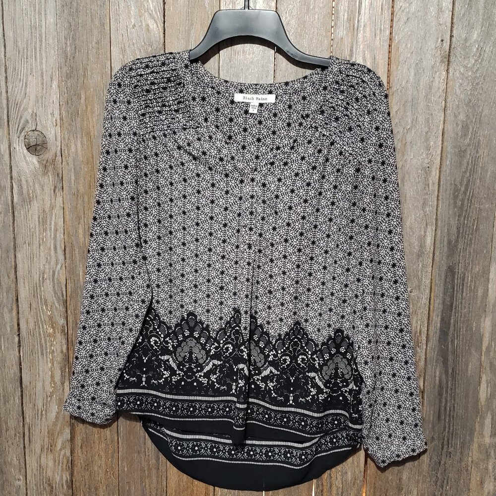 Black Rainn S Top Blouse Gray Black V Neck Long Sleeve Pullover Polyester